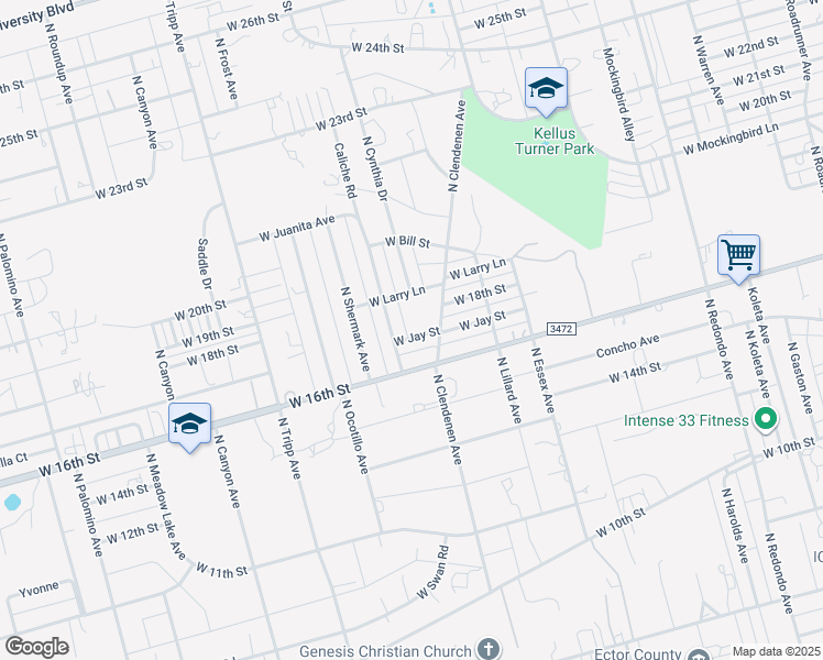 map of restaurants, bars, coffee shops, grocery stores, and more near 1701 North Clendenen Avenue in Odessa