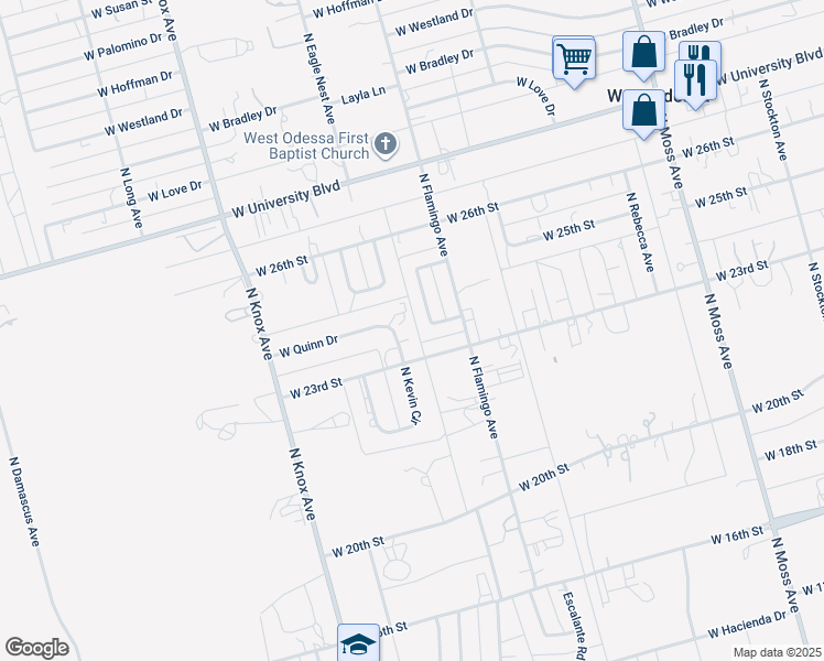 map of restaurants, bars, coffee shops, grocery stores, and more near 25 N Broken Bow Cir in Odessa