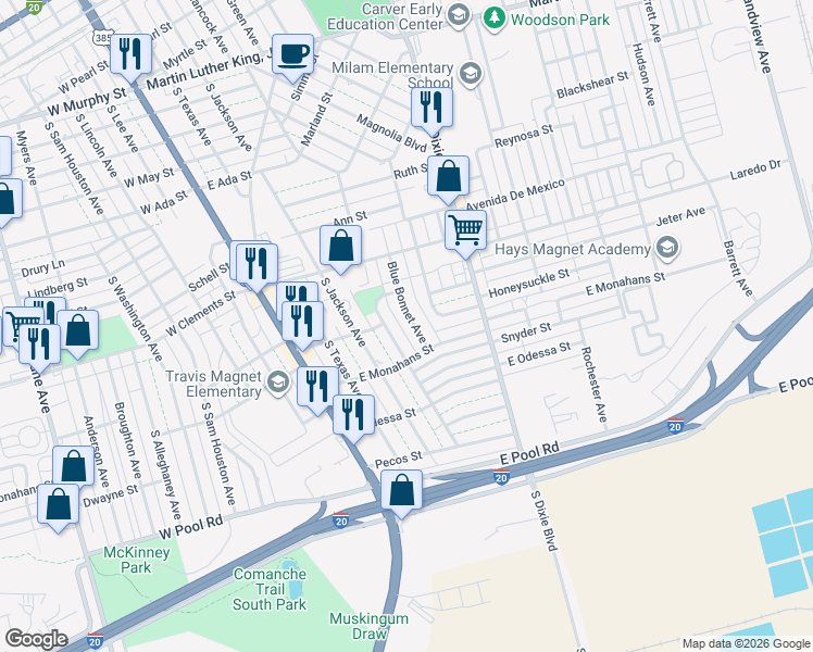 map of restaurants, bars, coffee shops, grocery stores, and more near 1313 Bluebonnet Avenue in Odessa