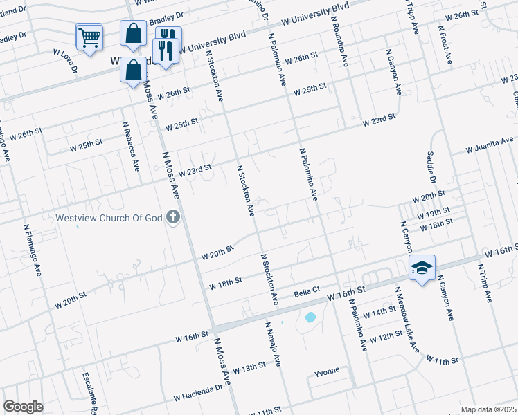 map of restaurants, bars, coffee shops, grocery stores, and more near 2042 North Stockton Avenue in Odessa