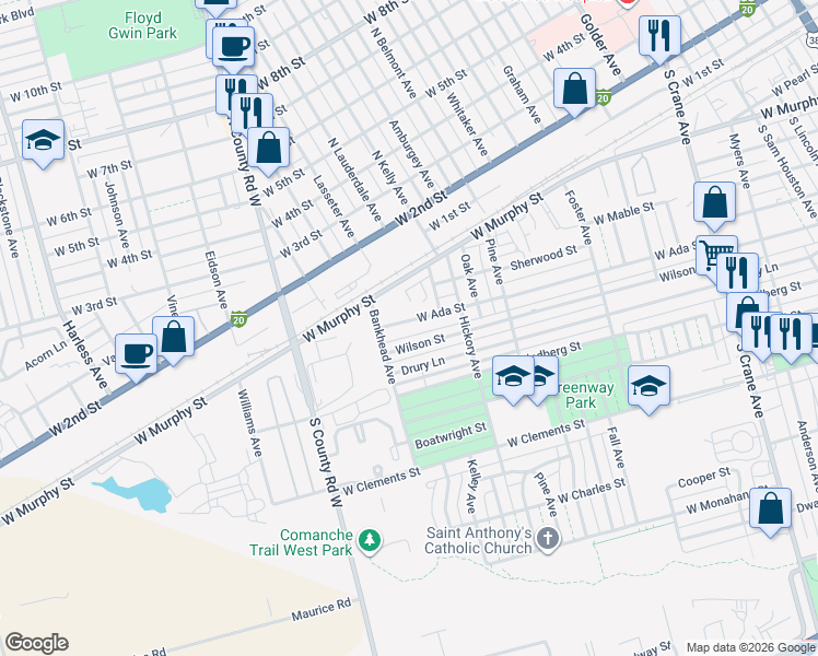 map of restaurants, bars, coffee shops, grocery stores, and more near 1329 West Ada Street in Odessa