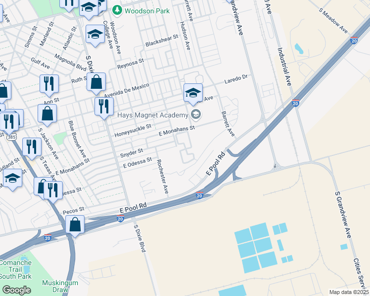 map of restaurants, bars, coffee shops, grocery stores, and more near 1000 East Monahans Street in Odessa