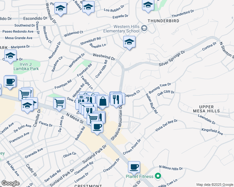 map of restaurants, bars, coffee shops, grocery stores, and more near 301 Shadow Mountain Drive in El Paso