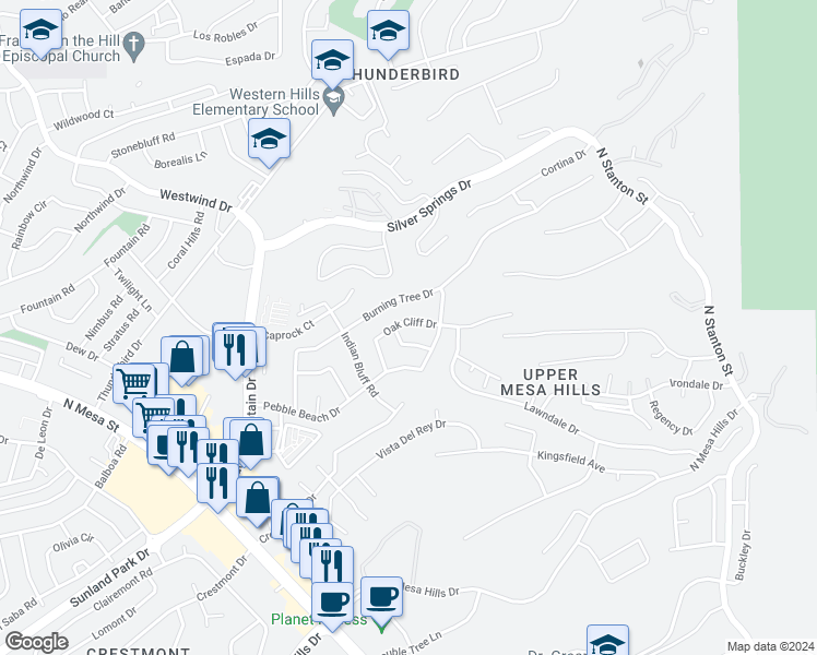 map of restaurants, bars, coffee shops, grocery stores, and more near 5712 Oak Cliff Drive in El Paso