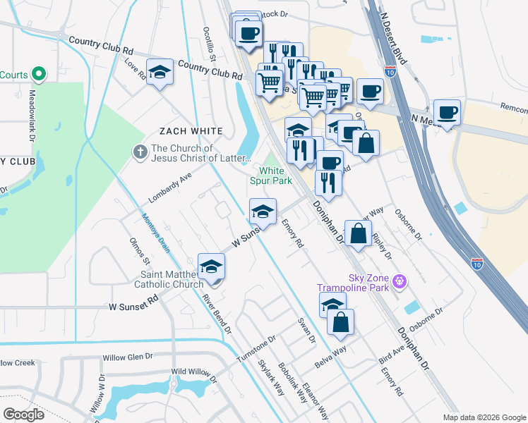 map of restaurants, bars, coffee shops, grocery stores, and more near 201 West Sunset Road in El Paso