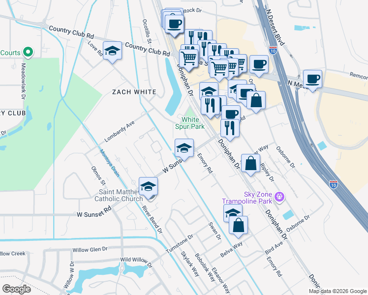 map of restaurants, bars, coffee shops, grocery stores, and more near 201 West Sunset Road in El Paso