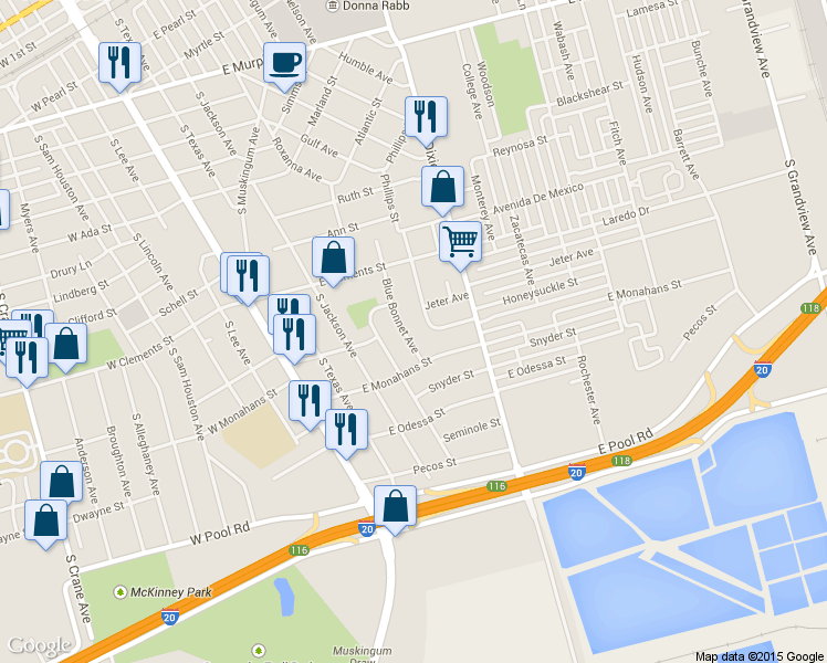 map of restaurants, bars, coffee shops, grocery stores, and more near 1313 Bluebonnet Avenue in Odessa