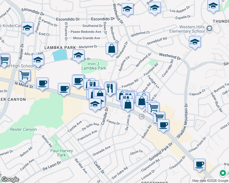 map of restaurants, bars, coffee shops, grocery stores, and more near 108 Fountain Road in El Paso