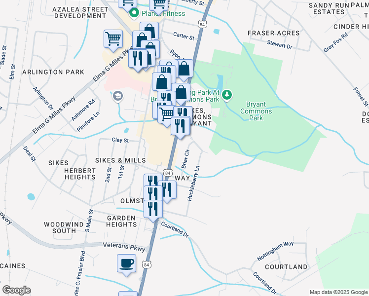 map of restaurants, bars, coffee shops, grocery stores, and more near 565 Briar Circle in Hinesville