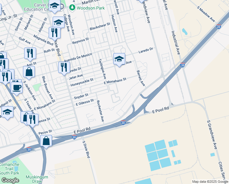 map of restaurants, bars, coffee shops, grocery stores, and more near 1000 East Monahans Street in Odessa