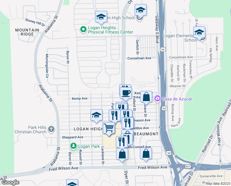 map of restaurants, bars, coffee shops, grocery stores, and more near 6250 Partello Street in El Paso