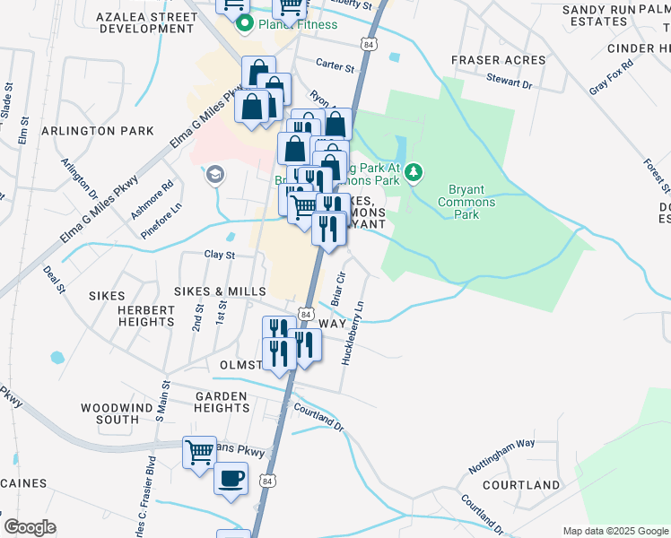 map of restaurants, bars, coffee shops, grocery stores, and more near 565 Briar Circle in Hinesville