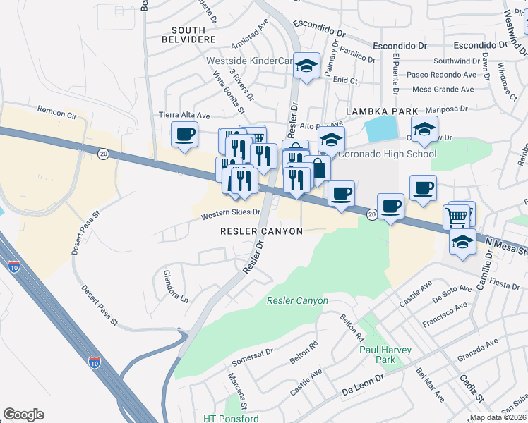 map of restaurants, bars, coffee shops, grocery stores, and more near 7001 Western Skies Drive in El Paso