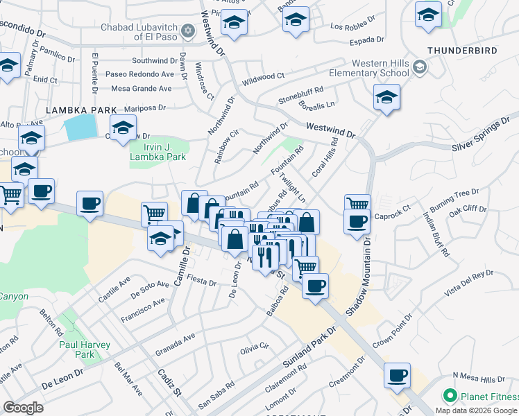 map of restaurants, bars, coffee shops, grocery stores, and more near 228 Viking Drive in El Paso