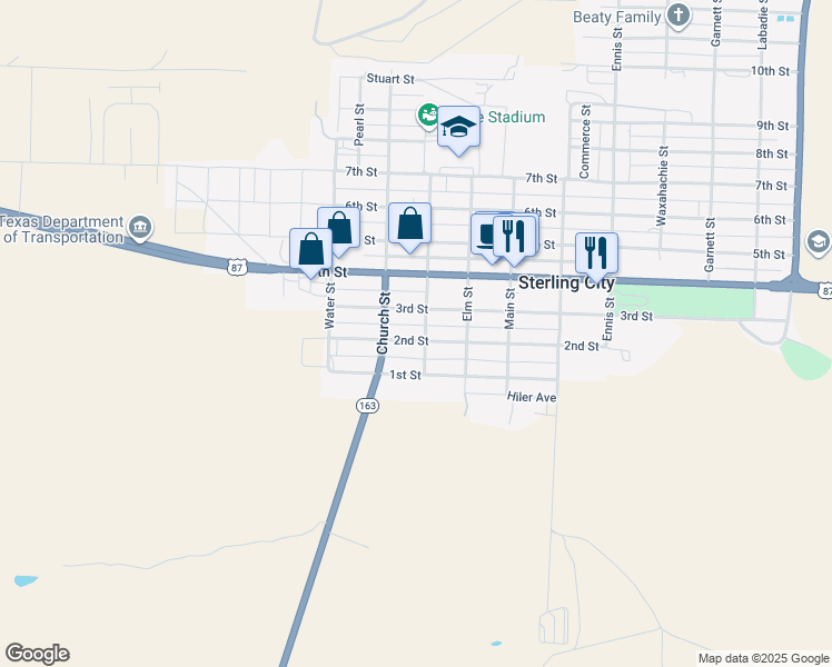 map of restaurants, bars, coffee shops, grocery stores, and more near 201 Concho Street in Sterling City