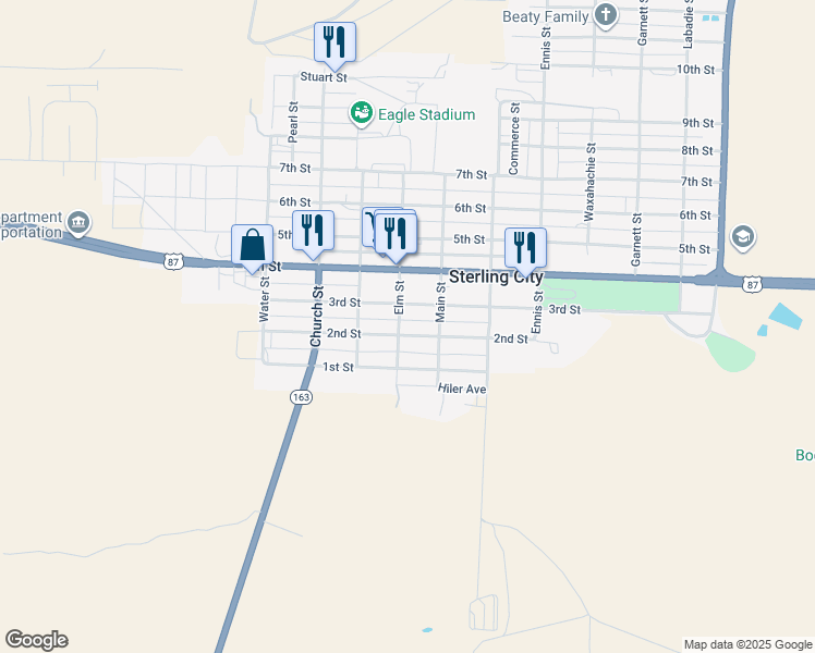 map of restaurants, bars, coffee shops, grocery stores, and more near 203 Elm Street in Sterling City