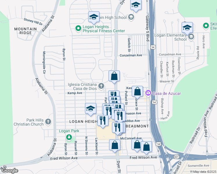 map of restaurants, bars, coffee shops, grocery stores, and more near 6250 Partello Street in El Paso