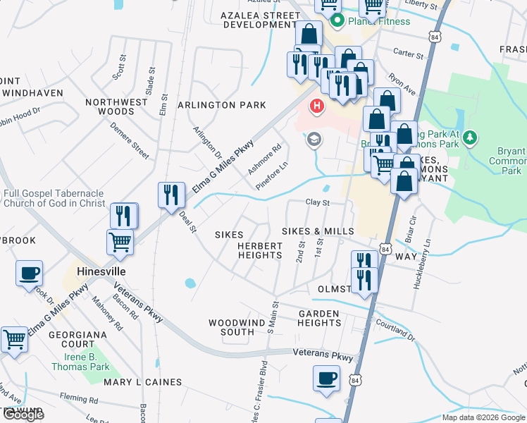 map of restaurants, bars, coffee shops, grocery stores, and more near 603 Maxwell Street in Hinesville