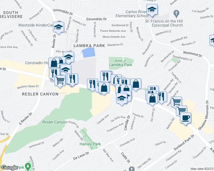 map of restaurants, bars, coffee shops, grocery stores, and more near 6600 North Mesa Street in El Paso