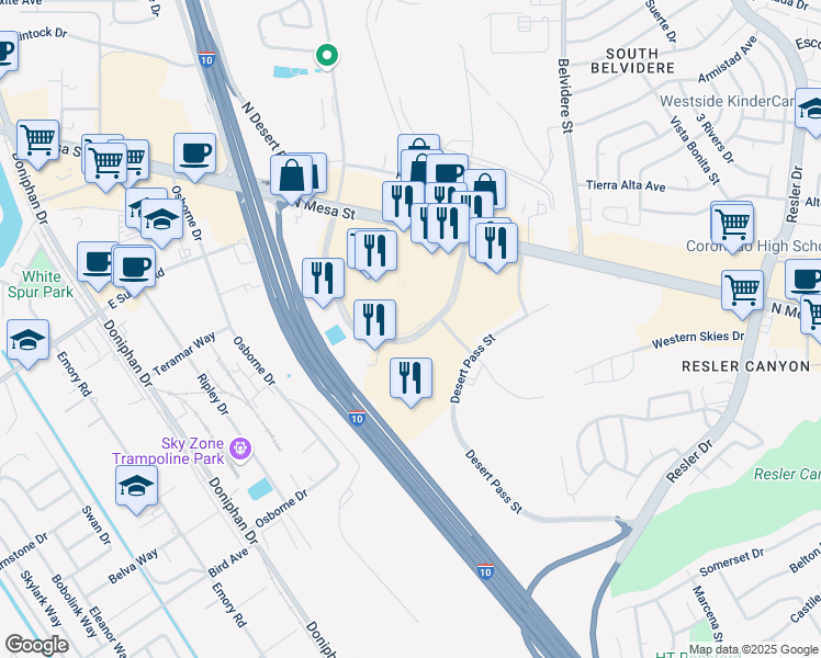 map of restaurants, bars, coffee shops, grocery stores, and more near 7535 Remcon Circle in El Paso