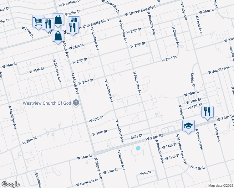 map of restaurants, bars, coffee shops, grocery stores, and more near 2042 North Stockton Avenue in Odessa