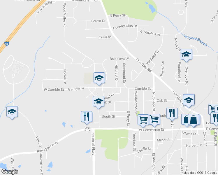 map of restaurants, bars, coffee shops, grocery stores, and more near Gamble Street in Greenville
