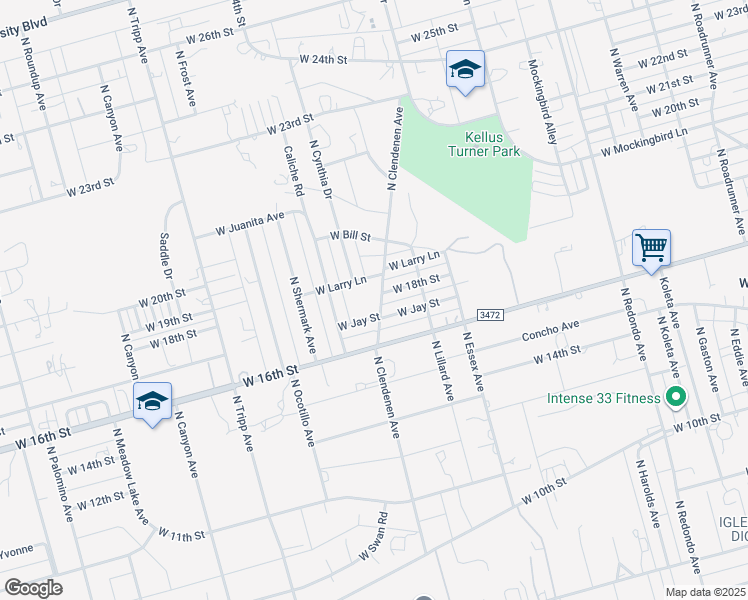 map of restaurants, bars, coffee shops, grocery stores, and more near 1701-1799 N Clendenen Ave in Odessa