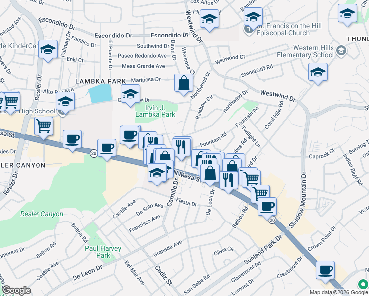 map of restaurants, bars, coffee shops, grocery stores, and more near 108 Fountain Road in El Paso