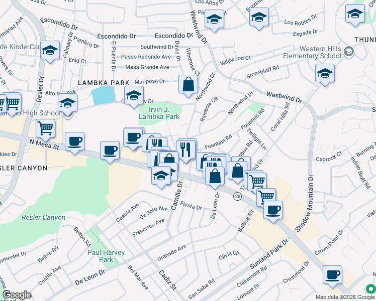 map of restaurants, bars, coffee shops, grocery stores, and more near 108 Fountain Road in El Paso