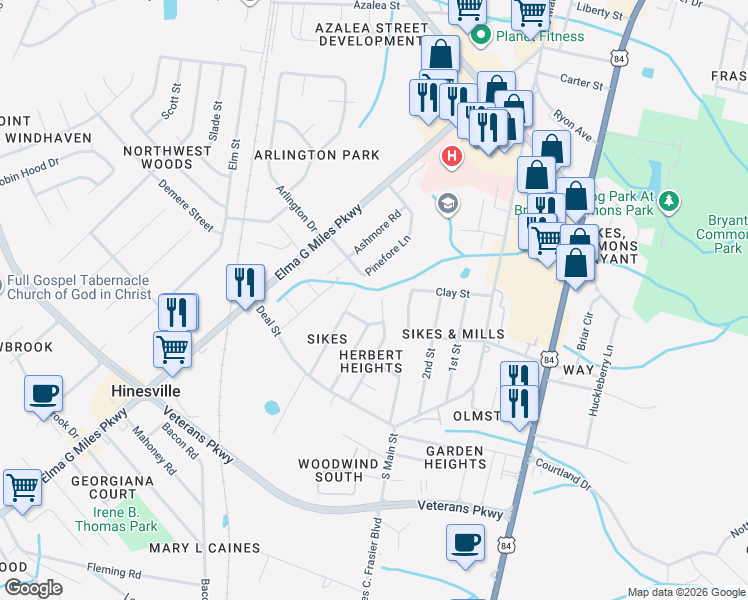 map of restaurants, bars, coffee shops, grocery stores, and more near 603 Maxwell Street in Hinesville