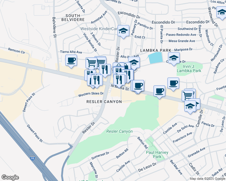 map of restaurants, bars, coffee shops, grocery stores, and more near 6950 Pitt Street in El Paso