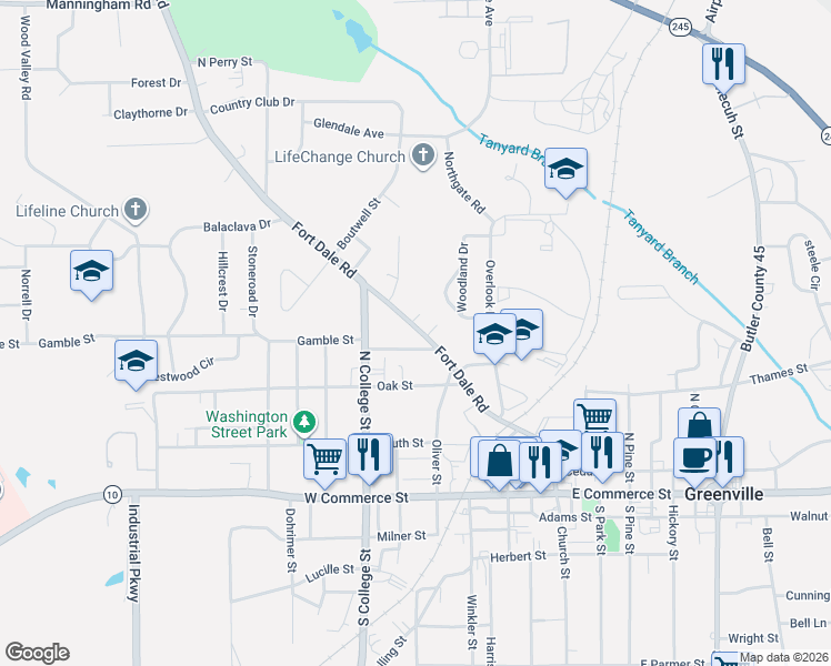 map of restaurants, bars, coffee shops, grocery stores, and more near 505 Fort Dale Road in Greenville