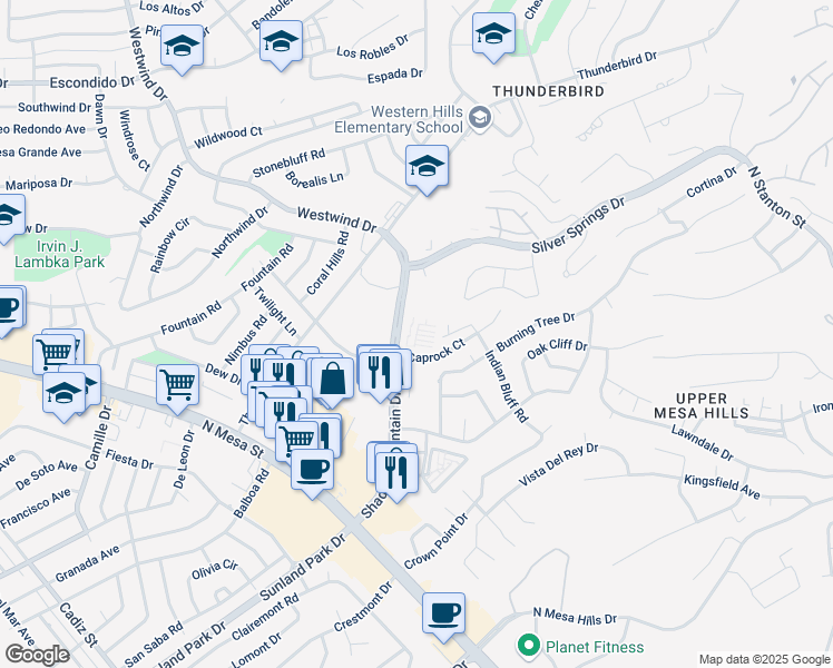 map of restaurants, bars, coffee shops, grocery stores, and more near 10 Caprock Court in El Paso