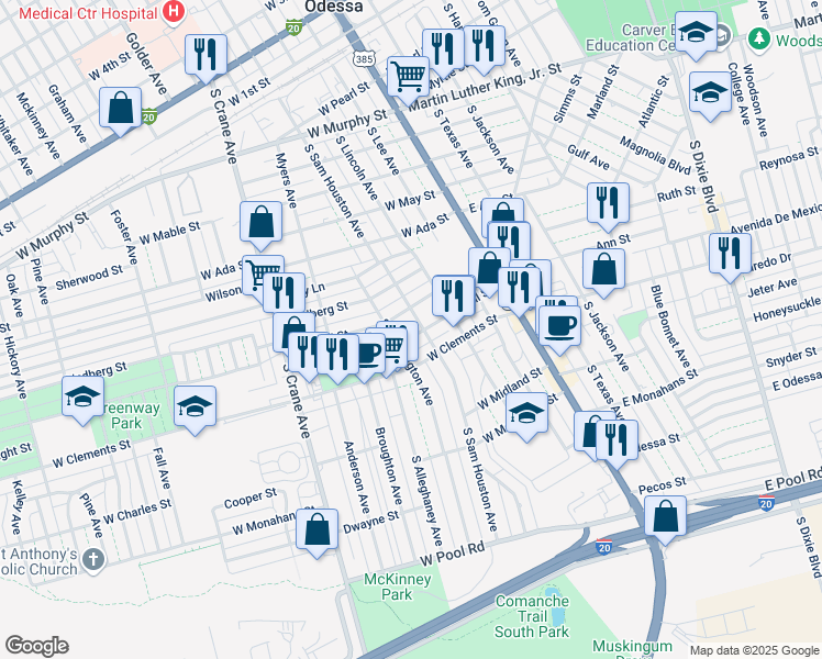 map of restaurants, bars, coffee shops, grocery stores, and more near 407 Schell St in Odessa