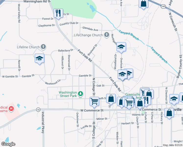 map of restaurants, bars, coffee shops, grocery stores, and more near 401 North College Street in Greenville
