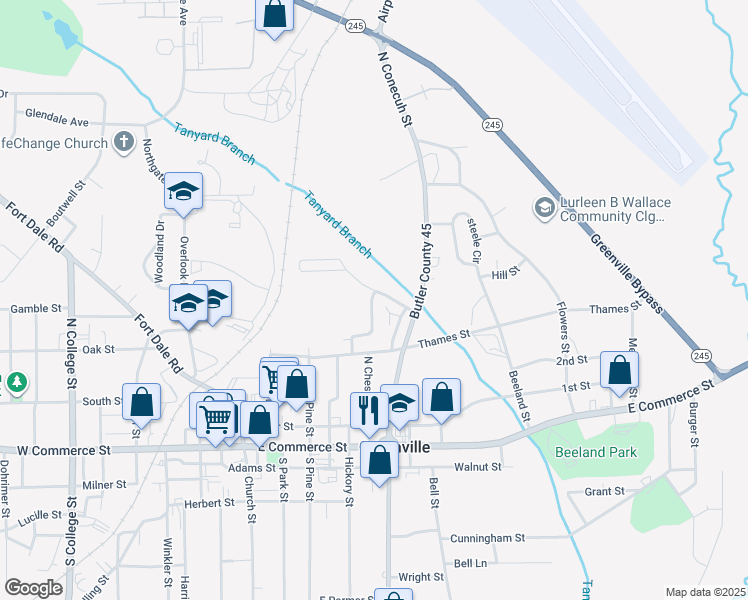 map of restaurants, bars, coffee shops, grocery stores, and more near 344 Linda Avenue in Greenville