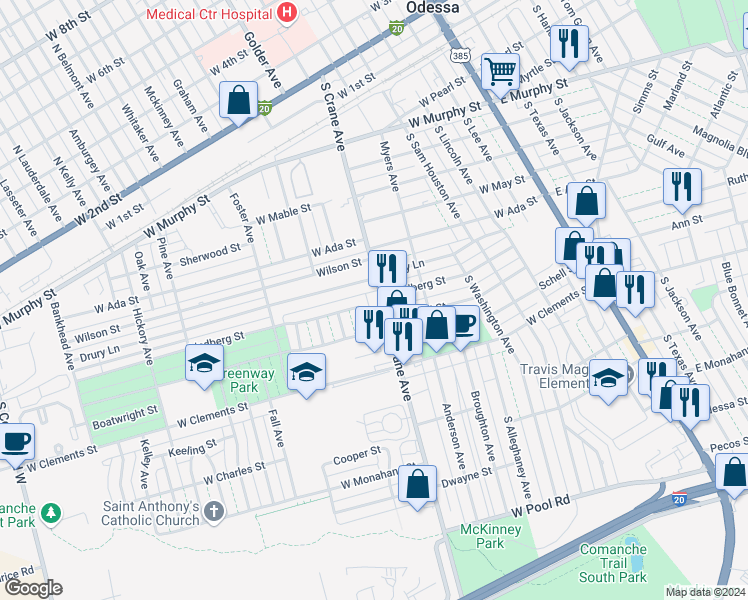 map of restaurants, bars, coffee shops, grocery stores, and more near 938 South Crane Avenue in Odessa