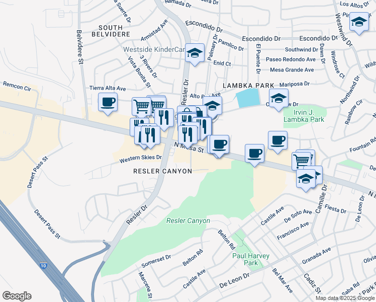 map of restaurants, bars, coffee shops, grocery stores, and more near 6950 Pitt Street in El Paso