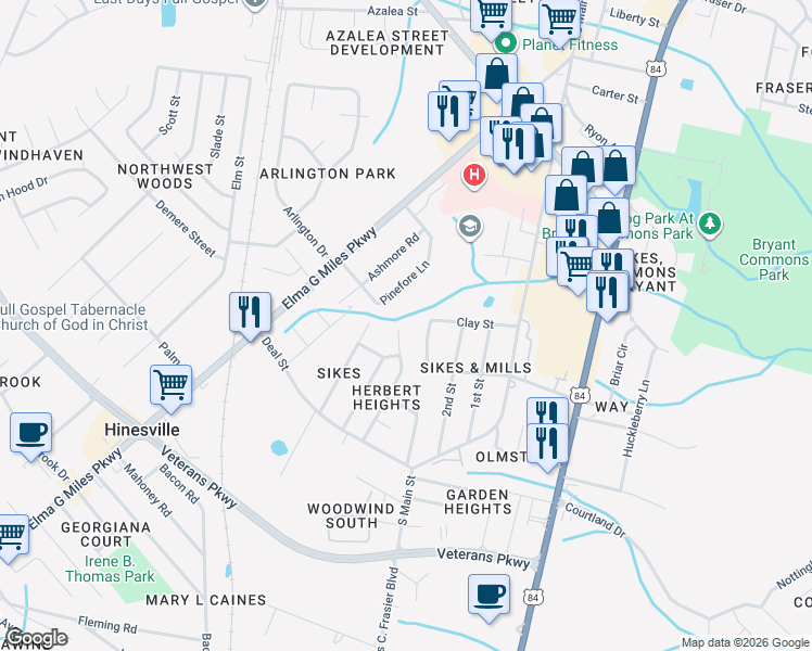 map of restaurants, bars, coffee shops, grocery stores, and more near 600-608 Davidson Street in Hinesville