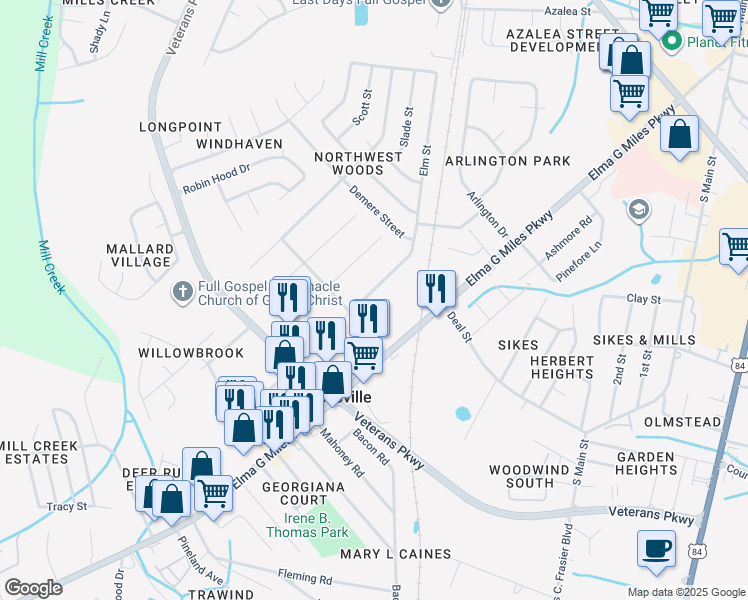 map of restaurants, bars, coffee shops, grocery stores, and more near 17 Elm Street in Hinesville