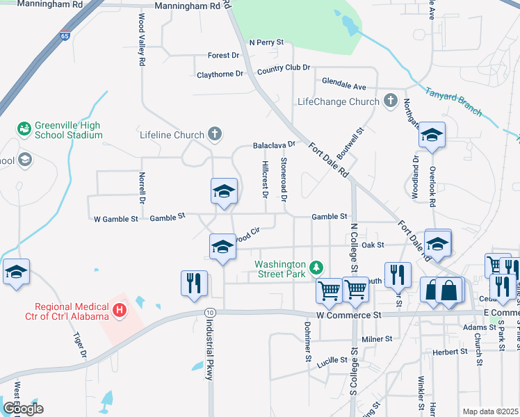 map of restaurants, bars, coffee shops, grocery stores, and more near Gamble Street in Greenville
