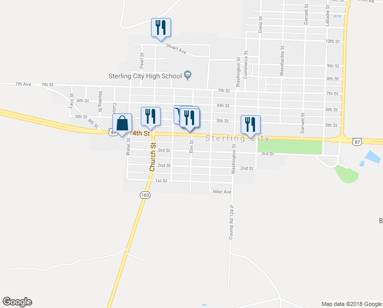 map of restaurants, bars, coffee shops, grocery stores, and more near 203 Elm Street in Sterling City