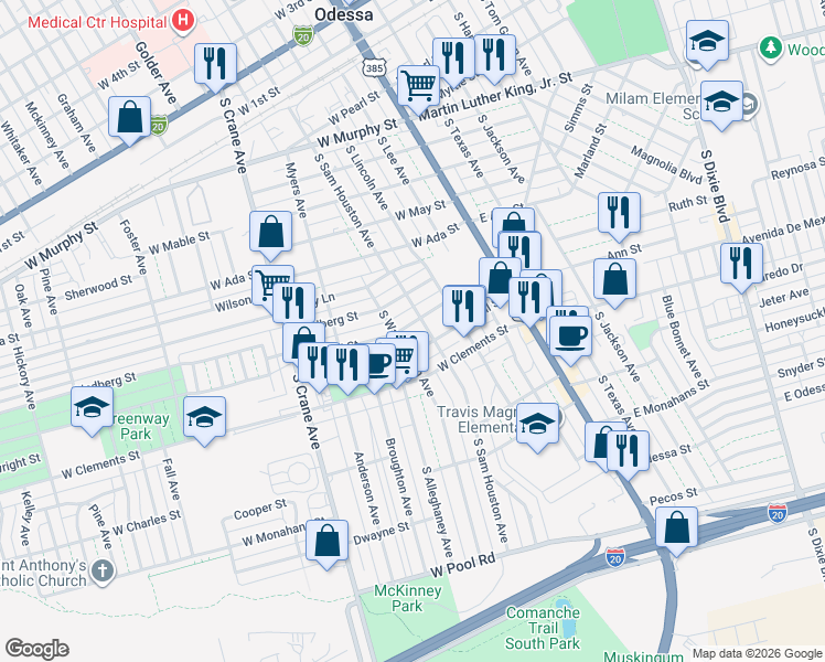 map of restaurants, bars, coffee shops, grocery stores, and more near 407 Schell St in Odessa