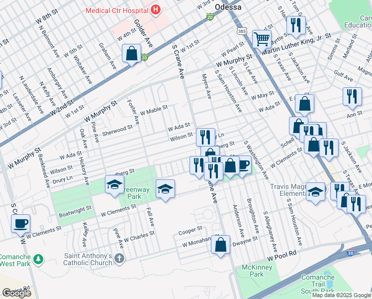map of restaurants, bars, coffee shops, grocery stores, and more near 803-805 Wilson Street in Odessa