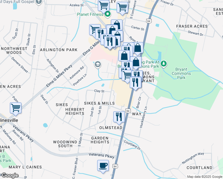 map of restaurants, bars, coffee shops, grocery stores, and more near 531 South Main Street in Hinesville