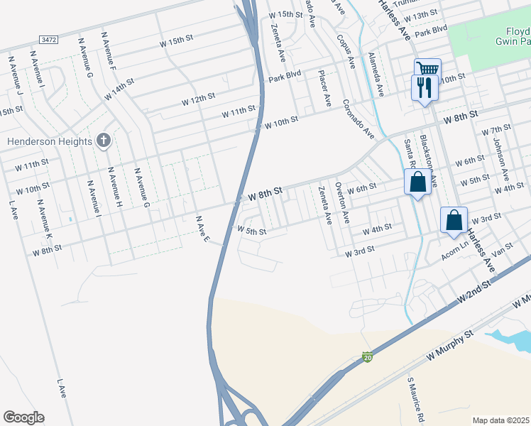 map of restaurants, bars, coffee shops, grocery stores, and more near 537 Avenue B in Odessa