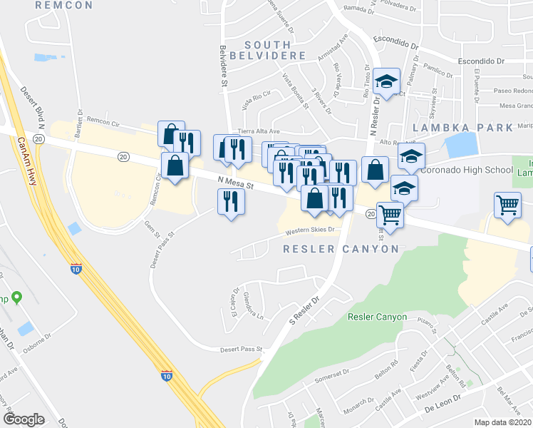 map of restaurants, bars, coffee shops, grocery stores, and more near 7133 North Mesa Street in El Paso