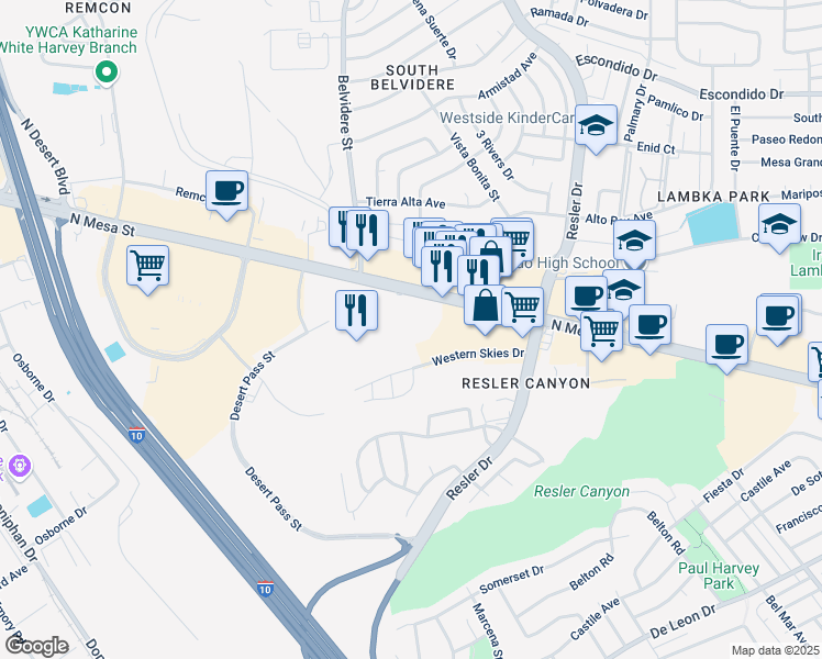 map of restaurants, bars, coffee shops, grocery stores, and more near 7133 North Mesa Street in El Paso