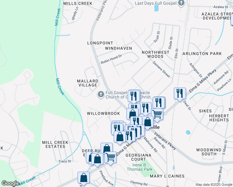 map of restaurants, bars, coffee shops, grocery stores, and more near 802 Veterans Parkway in Hinesville
