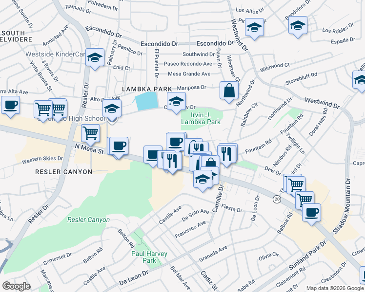 map of restaurants, bars, coffee shops, grocery stores, and more near 200 North Alto Mesa Drive in El Paso